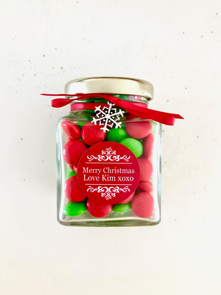 Christmas Candy Jar with Snowflake Charm and red and green Chocolate Buttons