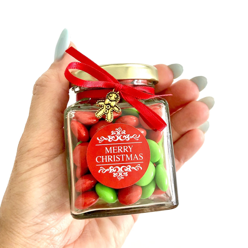 MERRY CHRISTMAS CANDY JAR WITH RED AND GREEN CHOCOLATES